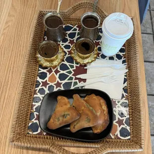 2 Turkish coffee 1 pistachio latte 2 spinach pies 1 cheese pie