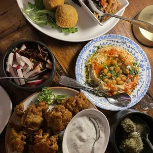 Mujaddara Croquette, Hummus, Cauliflower Fritters, Labneh Balls