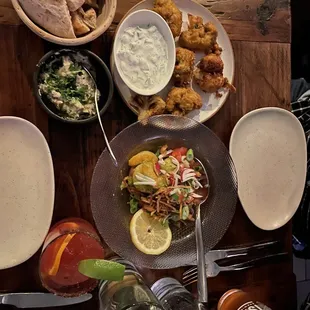 Cauliflower Fritters, Chili and Garlic Shrimp (not spicy!), and Baba Ganoush