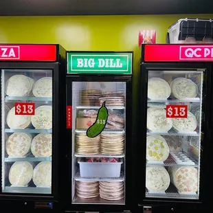 QC Pizza frozen handmade take n bake available.