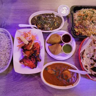 Samosa, Half Tandoori Chicken, Palak Paneer, Shrimp Curry, Basmati Rice, Vegetable Biryani, Garlic Naan