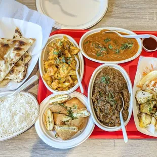 Cauliflower and potatos, eggplant, lamb masala, paneer pakora, chicken tikka, naan, and rice