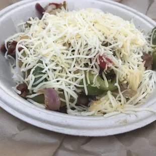 Burrito bowl with chicken and extra cheese