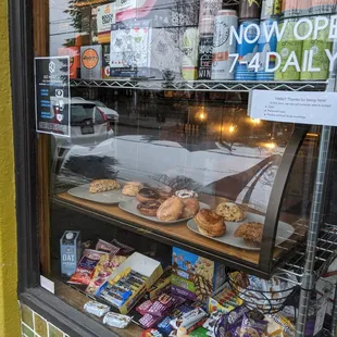 a display of donuts in a store window