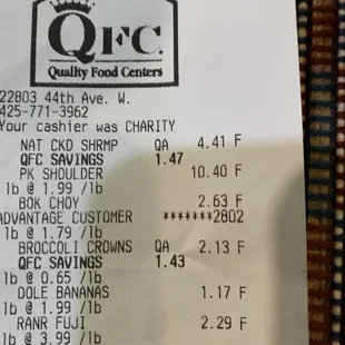 a receipt for a quality food center