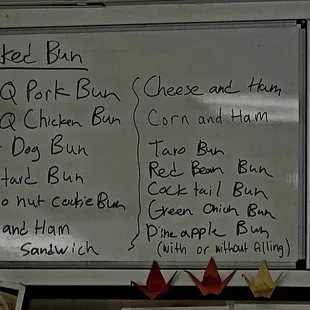a menu on a whiteboard