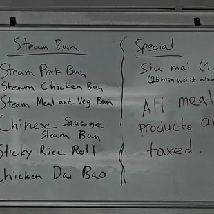 menus on a whiteboard