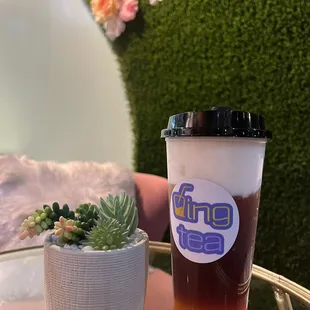 a cup of tea next to a potted plant