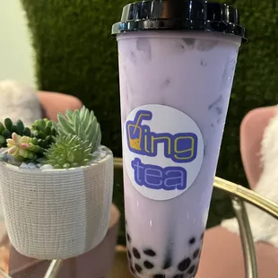a cup of tea and a potted plant