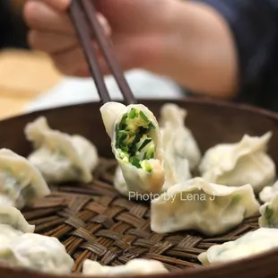 Inside of Steamed Egg, Shrimp and Leek Dumplings 鸡蛋虾仁韭菜 ($19.99 for 12 pieces) - strong leek flavor