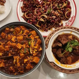 Mapo tofu, braised beef &amp; potato, and Squid with Chili - all good,but on the salty side