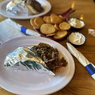 Gyro sandwich and Feta Fries