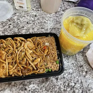Chicken lo mein meal and wonton egg drop soup large