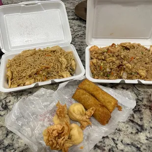 Top left - Chicken Ramen,Top Right - House Fried Rice, middle - Crab Rangoon &amp; Egg Rolls