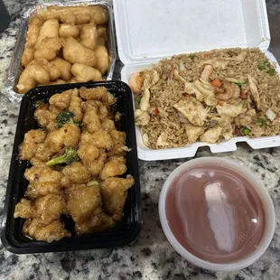Family style rice, Sweet &amp; Sour Chicken, General Tso Chicken