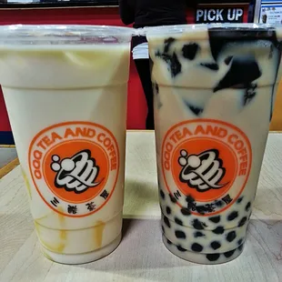 Jasmine Milk Tea with egg pudding (left) and Almond Milk Tea with grass jelly and pearls (right)