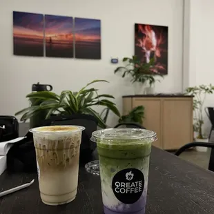 Crème Brûlée Latte and Taro Matcha Latte