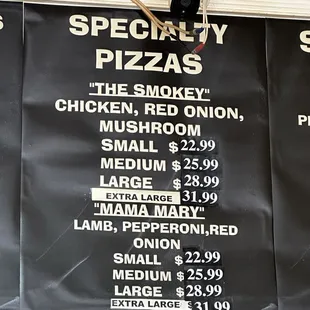 specialty pizzas menu