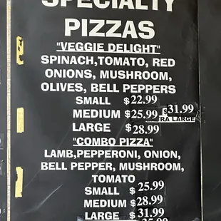 specialty pizzas menu