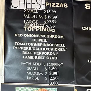 cheese pizzas menu