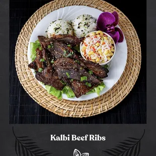 Kalbi Beef Ribs served with white rice and mac salad