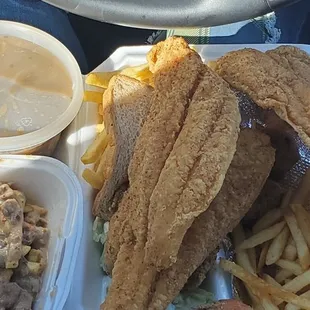 Fried fish, fries and Etouffe over fries