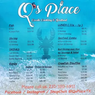 Fried Seafood, Crawfish Etouffee,  Boil Shrimp over Yellow Rice served daily.