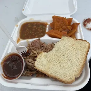 2 1 Meat and 2 Sides Lunch: Pulled Pork with baked beans and yams