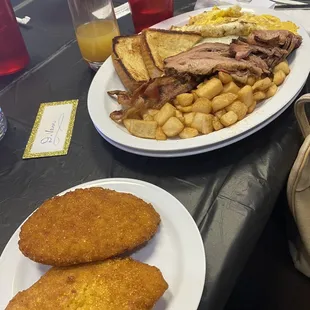 Hot water corn bread. Brisket breakfast platter