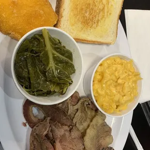 Brisket with Mac and cheese and collard greens