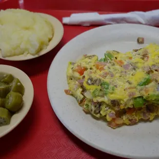 Q&apos;s Southern Omelette, with Mashed Potatoes and Okra