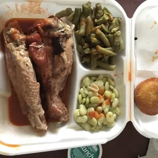 Turkey leg and wing with Lima beans and green beans to go