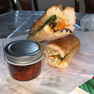 Mushroom &amp; Onion Banh Mi and a jar of hot chili oil