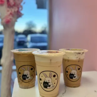 three cups of boba milk tea