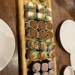 Top to bottom: Philly, Spicy Tuna, Alaska roll, Yellowtail Scallion Roll