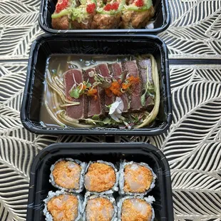 Spicy Cr Scallop Roll, Black Pepper Tuna (6pcs), Fiery Roll