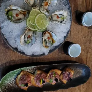 Kumamoto oysters and toro toast.