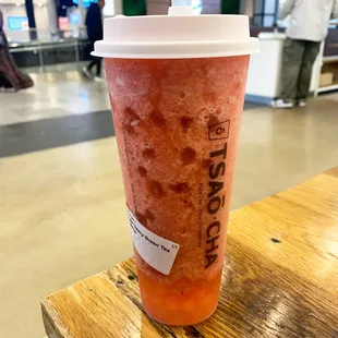 Iced strawberry green tea with crystal pearl jelly