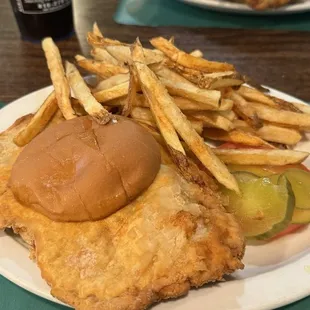 Pork tenderloin sandwich with fresh cut fries