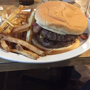 Double bacon cheeseburger with fries.  This thing was massive, juicy, and tasty.  I can't believe I ate the whole thing!