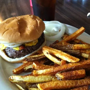 Bacon cheeseburger with hand cut fries.