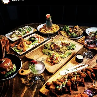 a table full of food and drinks