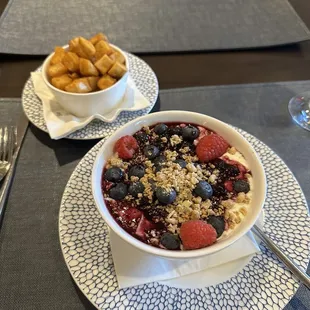 Breakfast potatoes and blueberry yogurt bowl