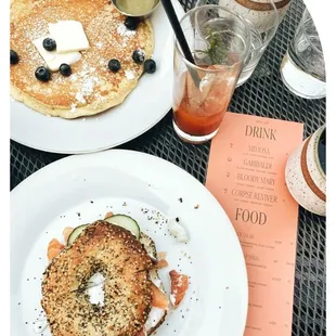 Brunch with the Lemon Pancake (SO GOOD) and the Bagel with Lox, Bloody Mary, and Coffee.