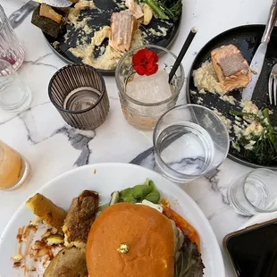 Half eaten food - waygu burger and salmon