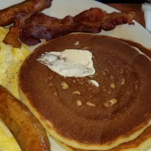 Hungry man special  Cheese eggs,4 pancakes, 2 bacon's ,2 sausages