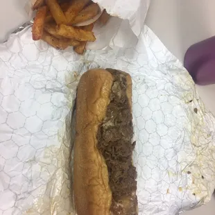 Philly cheese steak and seasoned fries