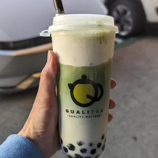 Matcha latte with boba and cheese creama