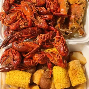 Crawfish, blue crabs, corn and potatoes