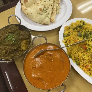 Butter Chicken Garlic Naan Saag Aloo Vegetable Biryani